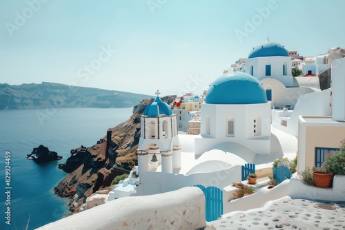 a view of a blue domed building on a cliff  A pristine Greek island village with whitewashed houses and blue-domed churches