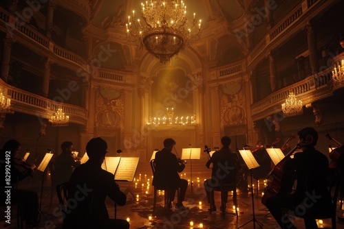 Ethereal Symphony: An Orchestra Performs by Candlelight in a Majestic, Abandoned Theater