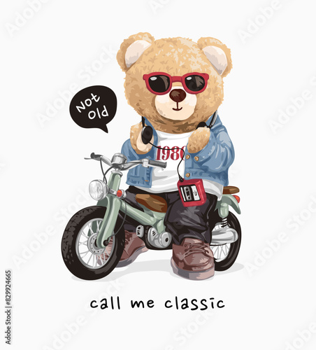 call me classic slogan with bear doll vintage style riding classic motorcycle hand drawn vector illustration
