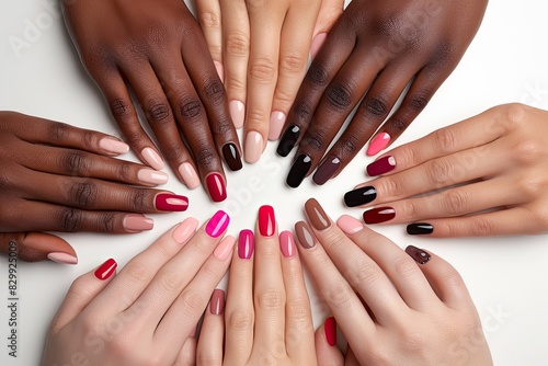 a group of hands with different colored nails  Artistic shots of hands in different poses  showcasing a range of nail colors