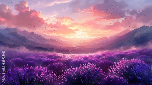 Watercolor wash of a lavender field at dawn, soft and gentle brushstrokes, gradient purples blending with pastel pinks, dreamy and serene, delicate lavender flowers, misty background, light .