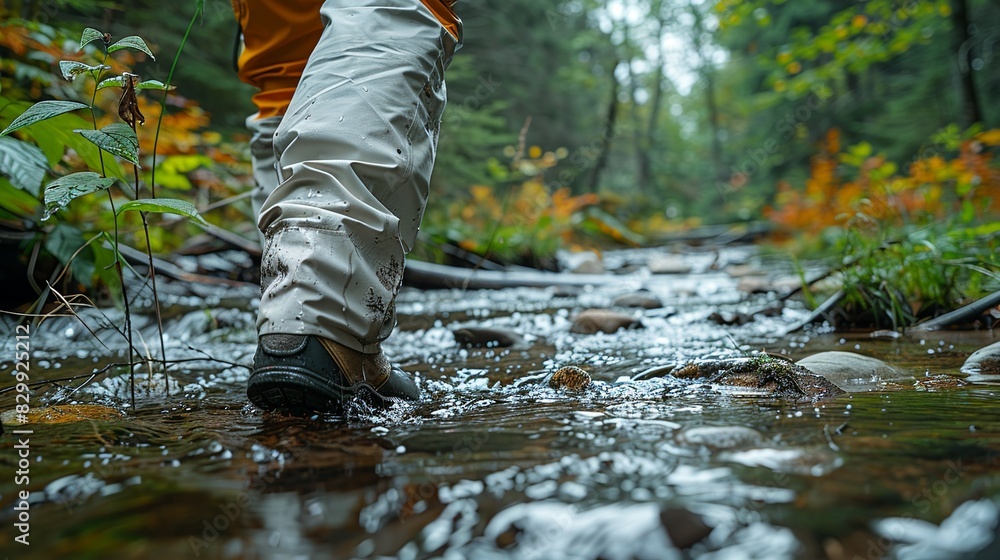 Legs in waterproof pants, stepping through a wetland area to observe local wildlife. Minimal and Simple style Legs in waterproof pants, stepping through a wetland area to observe local wildlife. Minimal and Simple style