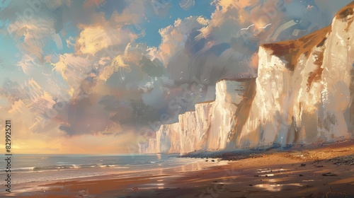 majestic white cliffs of dover bathed in warm golden hour light serene coastal landscape digital painting photo