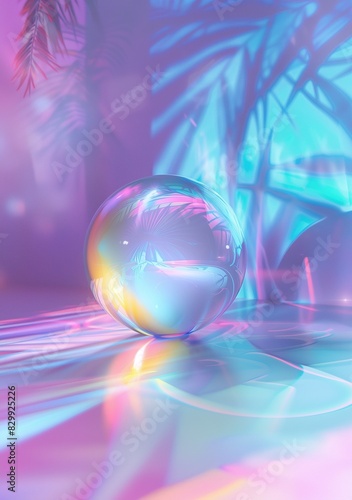 A vibrant glass sphere reflects and refracts light amidst a backdrop of neon hues and palm silhouettes