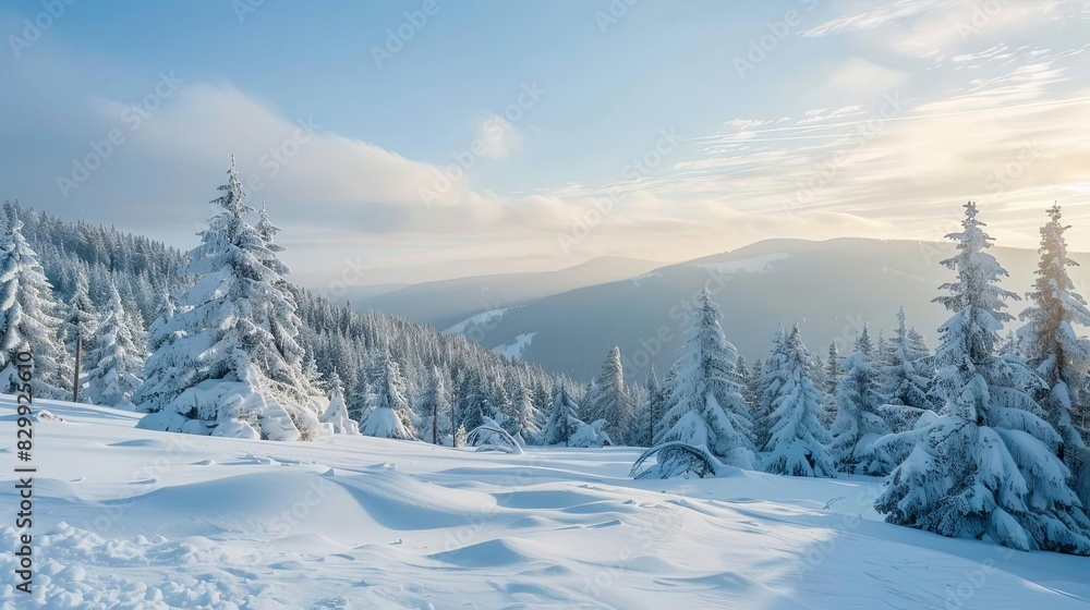 majestic winter landscape with snowcovered mountains and evergreen trees nature photography