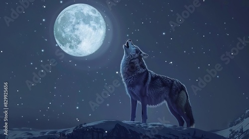 majestic wolf howling at a luminous full moon in a starry night sky intricate digital illustration