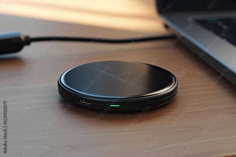 a wireless device sitting on top of a wooden desk, A wireless charging pad for convenient device charging a wireless device sitting on top of a wooden desk, A wireless charging pad for convenient device charging