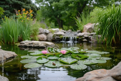 a pond with lily pads and a waterfall  A tranquil pond with lily pads and frogs croaking