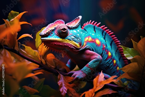 a colorful chamelon sitting on a branch in the jungle  A vibrant chameleon blending into its surroundings