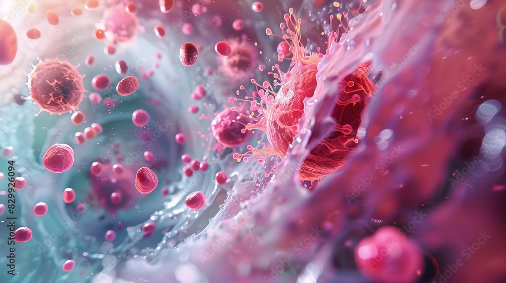 Fototapeta premium malignant invasion 3d rendering of cancerous tumor cells infiltrating bloodstream digital illustration