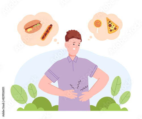 Man thinking food. Hungry guy with ill stomach think nutritional tasty meal comparison, eat hamburger in thoughts bubbles unhealthy nutrition hunger concept vector illustration