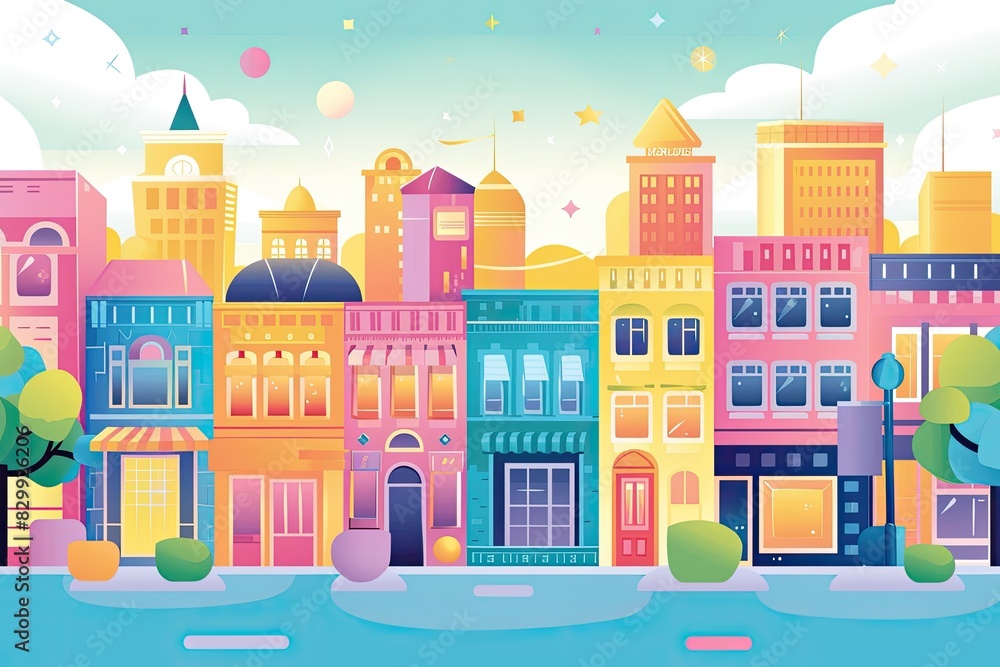 a colorful city with buildings and trees, Bright and cheerful cityscape with colorful buildings and shops a colorful city with buildings and trees, Bright and cheerful cityscape with colorful buildings and shops