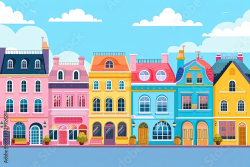a colorful city with buildings and trees, Bright and cheerful cityscape with colorful buildings and shops
