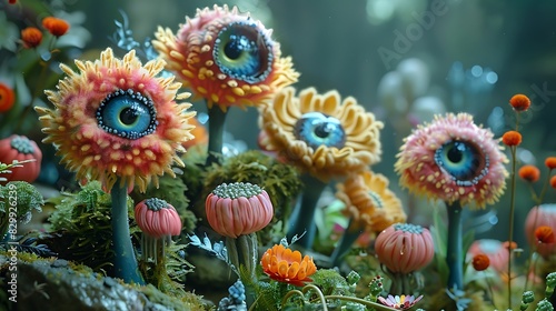 Whimsical surrealistic garden, flowers with eyes and mouths, bizarre landscape, vibrant and bold colors, dreamy atmosphere, floating objects, twisted plant forms, ethereal lighting, playful.