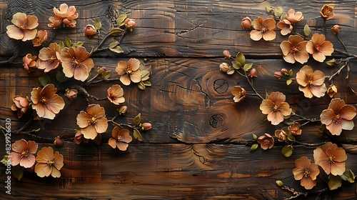 Wooden texture featuring flowers  faux finish wood graining  realistic and intricate details  delicate petals blending into the grain  warm brown hues  natural harmony  rustic elegance  detailed.