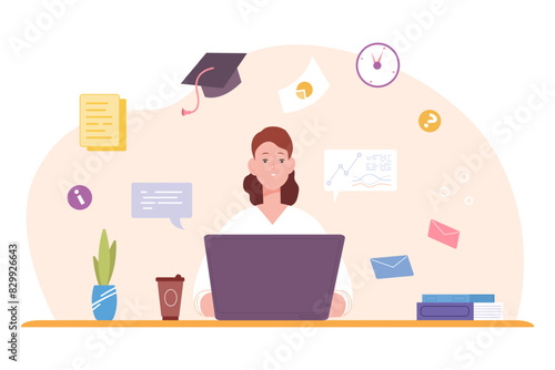Teacher studying process. Individual teachers knowledge research laptop, student homework online school study mind training grammar education book or computer vector illustration