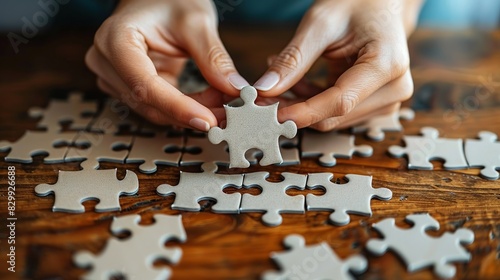 A pair of hands assembling a puzzle, each piece fitting seamlessly into place, symbolizing patience and problem-solving. Minimal and Simple style photo
