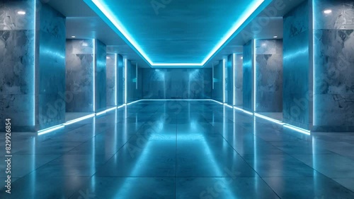 Wallpaper Mural Blue neon lights illuminate a long, empty corridor with reflective floor. Torontodigital.ca