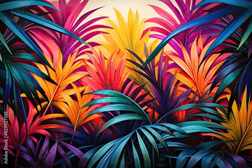 a colorful tropical plant shower curtain hanging, Create a colorful piece of artwork that encapsulates the spirit of Palm Sunday, with prominent palm fronds in the foreground photo