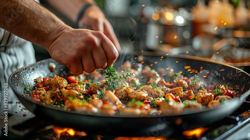 A chef's hands seasoning a sizzling skillet with fresh herbs, evoking the aroma and flavors of home-cooked meals. Minimal and Simple style photo