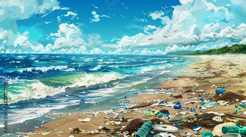 washedup plastic debris littering the beach shore environmental pollution concept digital illustration