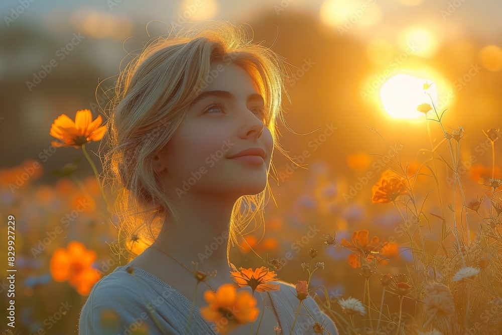 Naklejka premium A young woman surrounded by wildflowers enjoys a serene sunset moment