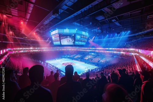 a large arena with a crowd of people watching a game, Design a high-tech sports arena with holographic displays and cheering fans
