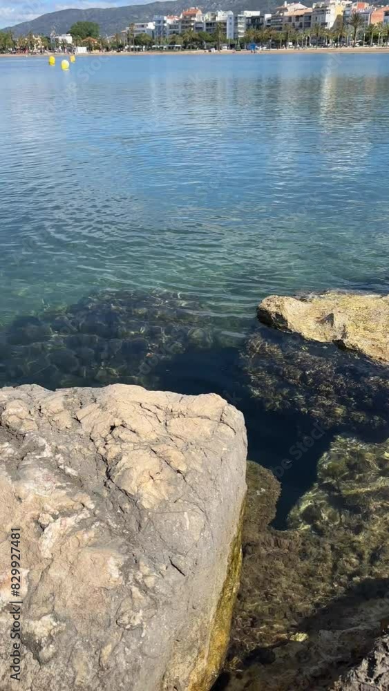 Vertical relax video from pier of Clear calm sea water and blue sky at summer. Wild birds dive in water and hunt fish. View of beautiful bay and city in mediterranean sea, spain. Natural background Vertical relax video from pier of Clear calm sea water and blue sky at summer. Wild birds dive in water and hunt fish. View of beautiful bay and city in mediterranean sea, spain. Natural background