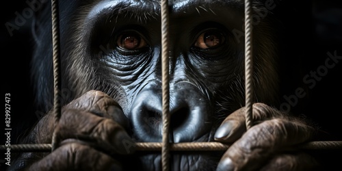 Sad gorilla in cramped cage ideal for animal rights and conservation articles. Concept Animal Rights, Conservation, Wildlife Ethics, Captive Animals, Advocacy