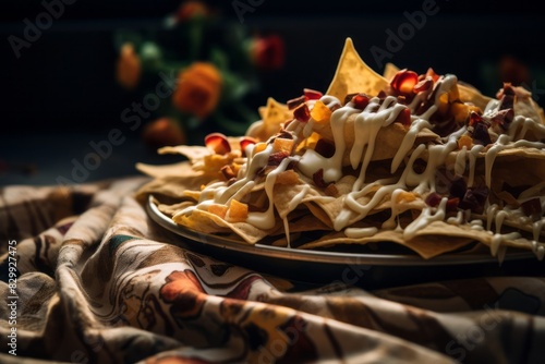 Delicious nachos on a marble slab against a coffee sack fabric background