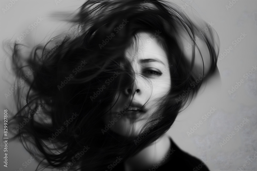 Black and white photo portrait of a silhouette of a young girl with hair flying in the wind Black and white photo portrait of a silhouette of a young girl with hair flying in the wind