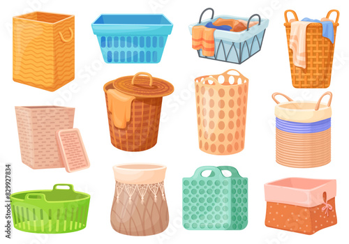 Cartoon laundry baskets. Plastic round basket or empty hamper dirty cloths, square container box home storage heap clothing for washing, things hampers set neat vector illustration