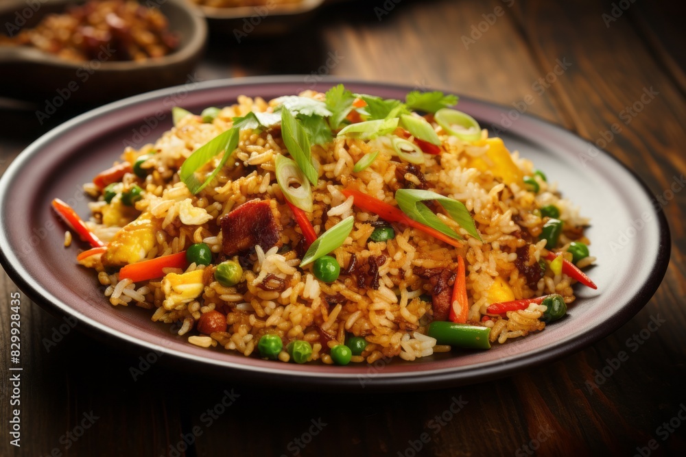 Hearty fried rice on a rustic plate against a painted gypsum board background Hearty fried rice on a rustic plate against a painted gypsum board background