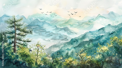 Painting of mountains with lush trees accompanied by flying birds and cloudy skies