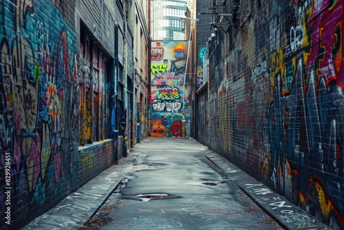 a narrow alley with graffiti on the walls, Graffiti-covered walls in an urban alleyway photo