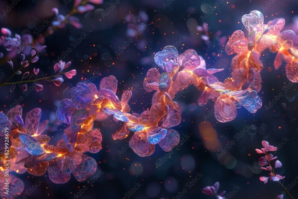 A visually captivating image depicting a glowing DNA-like structure amidst delicate flowers with a bokeh background A visually captivating image depicting a glowing DNA-like structure amidst delicate flowers with a bokeh background