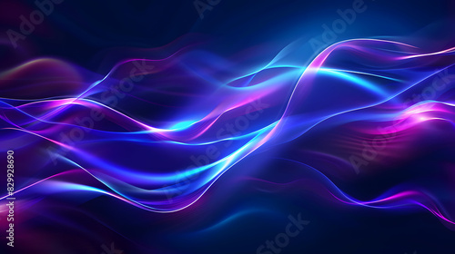 Dark blue abstract background with ultraviolet neon glow, blurry light lines, waves. Generative AI.