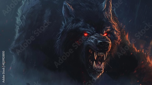 menacing black werewolf with glowing red eyes and sharp fangs folkloric fantasy creature digital art photo