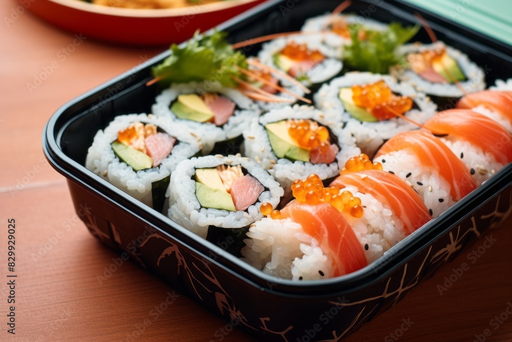 Juicy sushi in a bento box against a painted gypsum board background Juicy sushi in a bento box against a painted gypsum board background