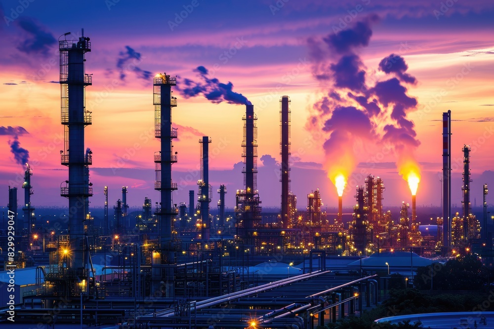a factory with smoke stacks and a sunset, Oil refinery with gas flares burning at dusk a factory with smoke stacks and a sunset, Oil refinery with gas flares burning at dusk