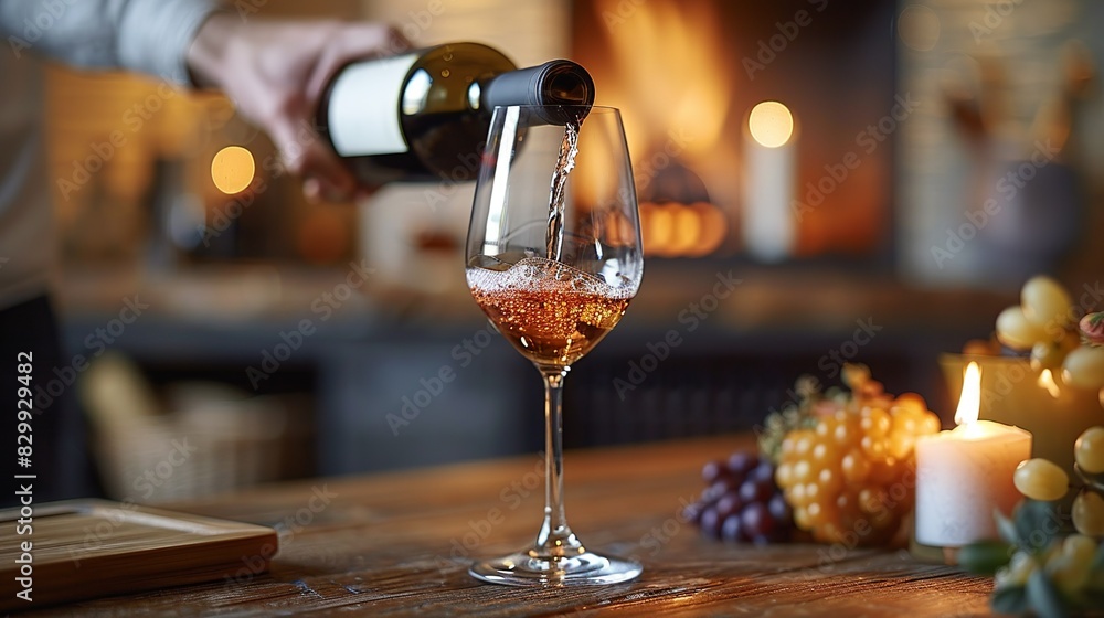 Close-up shot of hands pouring a glass of wine, setting the scene for a relaxing evening indoors. Minimal and Simple style Close-up shot of hands pouring a glass of wine, setting the scene for a relaxing evening indoors. Minimal and Simple style