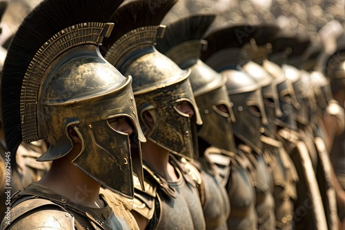 a row of soldiers with helmets and red spears, Spartan military standing in raw with discipline with metallic helmet