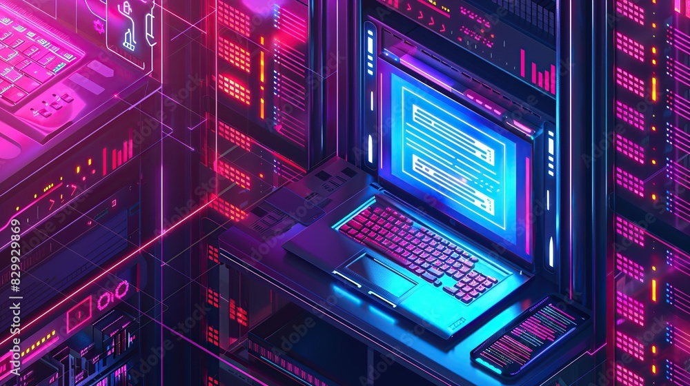 Server racks, cloud computing and laptop showing program in isometric style design