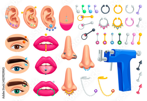 Cartoon piercing. Jewelry metal rings fashion earrings for pierced body parts, pierce spike ear hoop nose tongue face girl lip piercings accessories, ingenious vector illustration