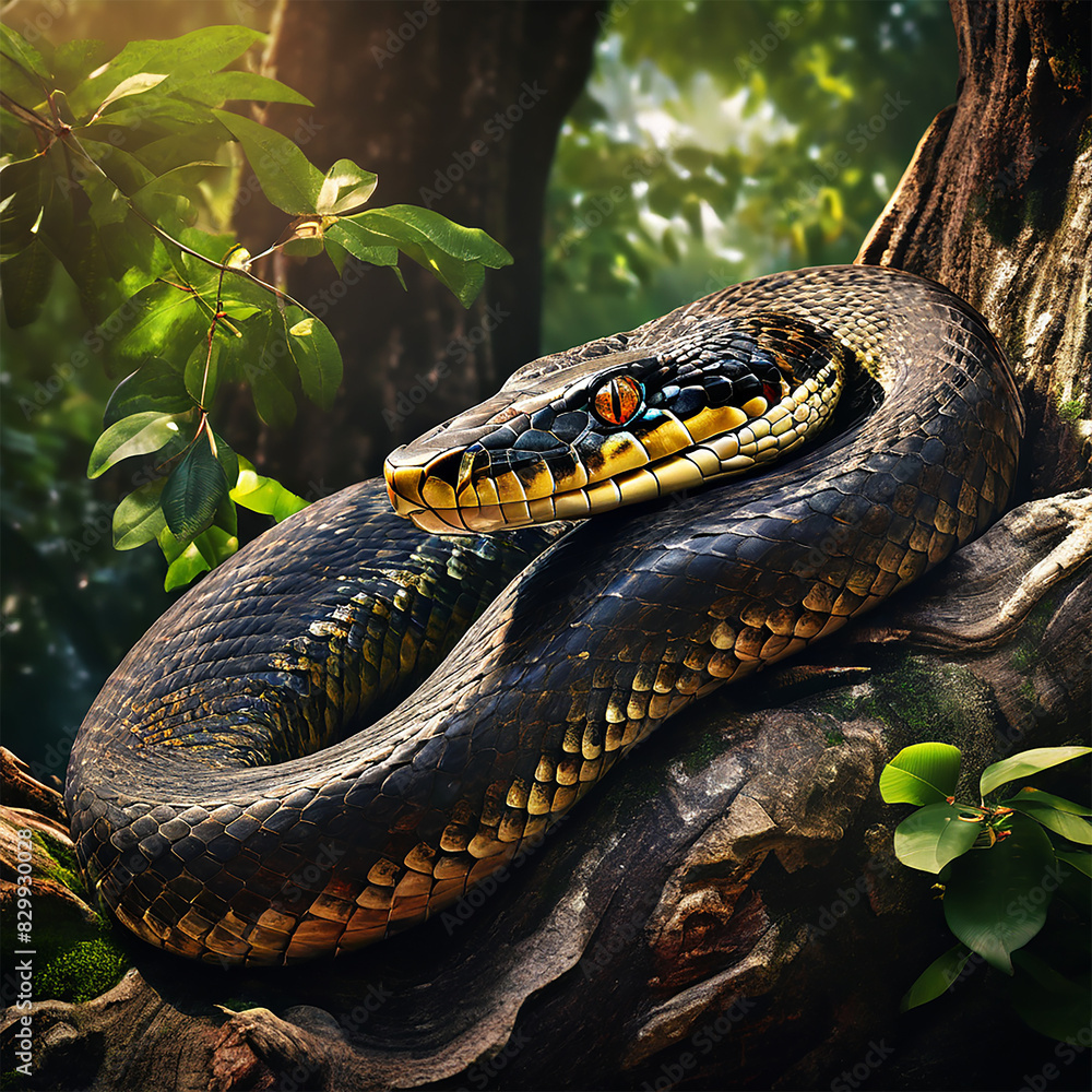 Fototapeta premium anaconda coiled around. generative ai