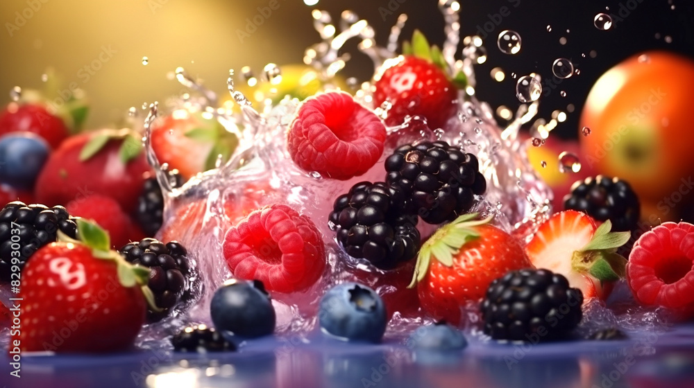 fruit salad with berries raspberry blackberry splashes berries falling strawberry fruit salad with berries raspberry blackberry splashes berries falling strawberry