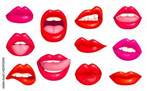 Plump lips. Shine glossy sexy pout lip in red lipstick  smile closed open woman mouth licking tongue  female kiss glamour girl cosmetic makeup cartoon ingenious vector illustration