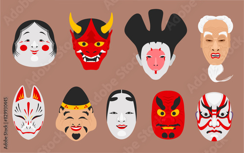 Kabuki masks. Japanese medieval noh theatrical mask demon face, asian traditional cultural japan festival, ancient demons god oni tengu okame hanya, ingenious vector illustration