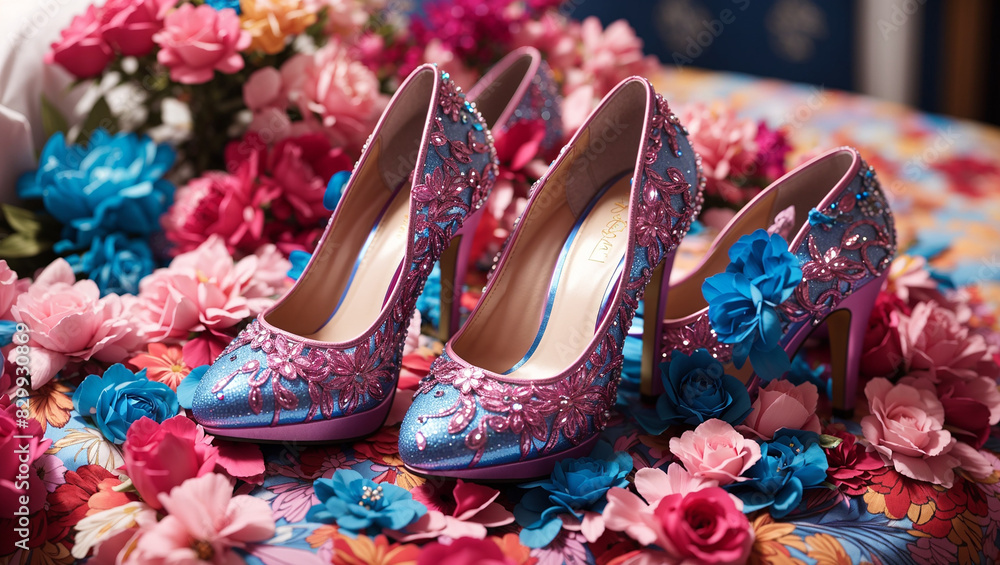 A pair of sparkly pink high heels with blue flowers on the back are sitting on a bed of multi-colored flowers.

