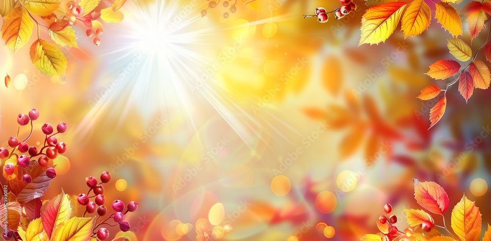 Bright Autumn Leaves with Sunburst – Perfect for Seasonal Themes, Nature Photography, and Decorative Art
